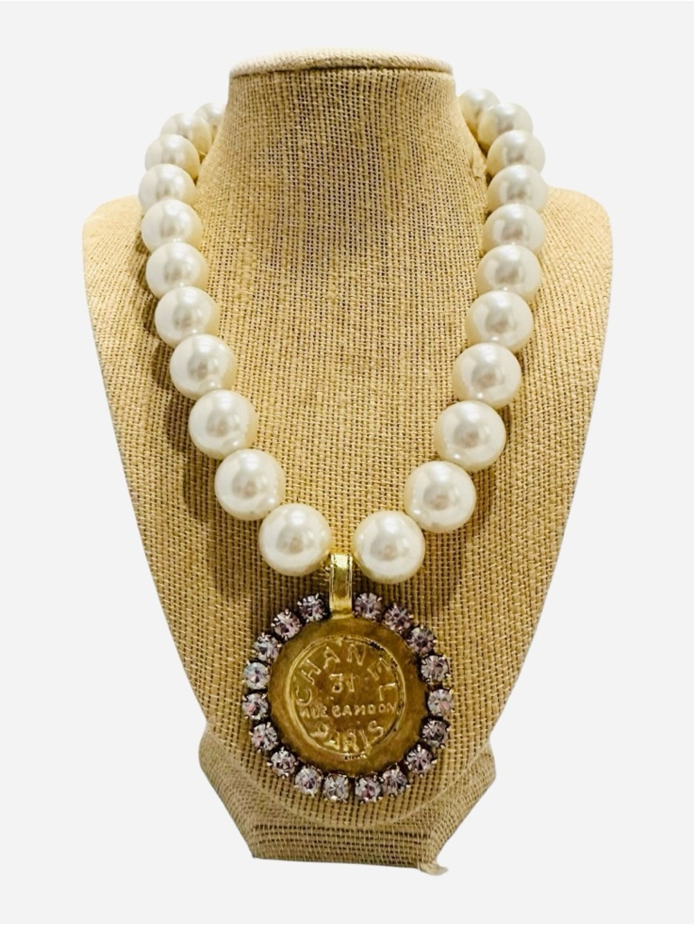 Yochi Pearl Necklace with Gold Medallion and Crystal Halo